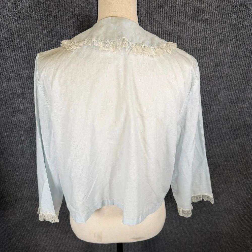 VTG 50s 60s Bed Jacket Sz M Blue Lace Trim Peter Pan Collar Embroidered Coquette